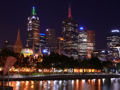 Skyline with Flinders Street Station in the foreground