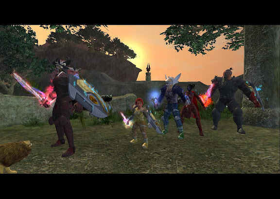 Xaxation'Lorex, Sallaenie Bixiebane, Nugg, Ledia, and Holkan the Helpful (and Scruffy) - showing off new Claymore gear! (3 Guards, 2 Arms, and...)