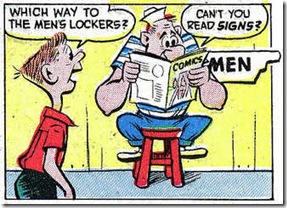 Big guy in sailor suit reading a comic book