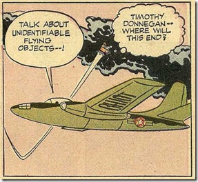 Flying chair rockets past air force jet drawn by Jack Kirby for Alarming Tales #1