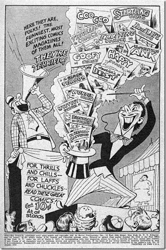 cartoon drawing by Dan Gordon shows carnival barker calling out to all the local kids, and a bowtie-wearing mustachioed magician conjuring up a plume of comics from out of his magic hat.