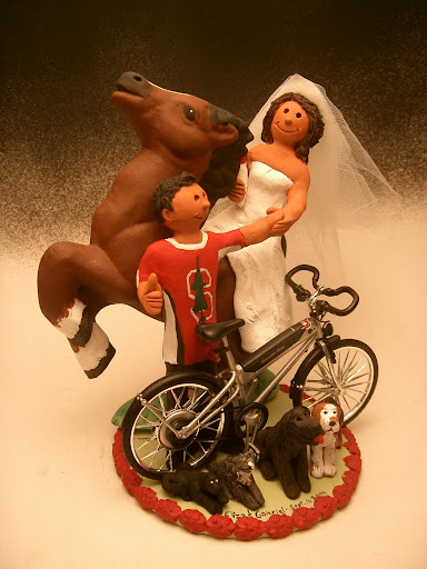Wedding Cake Topper for Cyclist Groom and Equestrian Bride