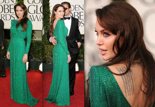 Angelina Jolie Golden Globe Dress ; Atelier Versace Green Sequined Backless