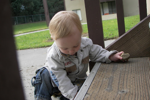 Hyrum likes putting all the rocks on the first step.
