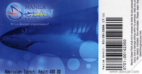 Ocean Park Ticket Php 400.00 (approx US$10)