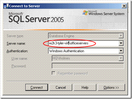 Connecting to OFFICESERVERS SQL Server Instance