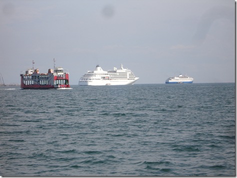 A ferry, a cruise liner and a tanker