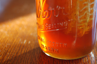 Glowing Honey Jar with comb, in the sun. 
