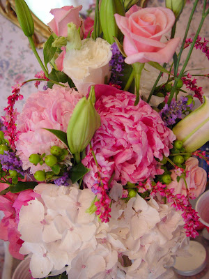 Audrey's wedding bouquet - peonies, pink roses, green berries, pink hydrangea. 