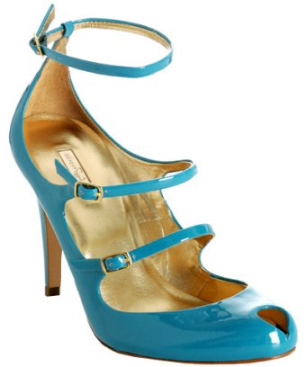turquoise patent leather strappy pumps