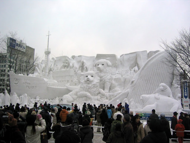 The Antarctic -  I thought this was the best snow sculpture. It features "...the Japanese Antarctic expedition ship Soya on the left and the Sakhalin Huskies Taro and Jiro in the center along with a whale, penguins and seals." http://www.snowfes.com/engli