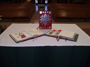 Lectionary (left), Book of the Gospels (middle), Sacramentary (right)
