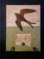 I've done this on 9x12 inch canvas board.  I don't have a hanger on it.  I like these propped on plate stands or on a bookshelf.  I used a bird that I rusted with acrylics, inks and vintage ephemera.