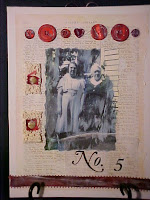 This is my great and great great grandmothers.  I wanted to give them a little pizazz.  This is canvas board 9x12 with lace, ribbon and buttons.