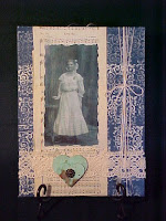 Reproduction of an old picture.  This lady is so pretty she needed a romantic theme.  This is on 9x12 canvas board w acrylics, lace, and vintage hymns.