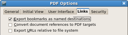 OpenOffice.org 2.4 PDF export options dialog, links tab, showing the option 'Convert document references to PDF Targets'