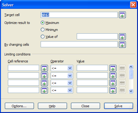 Screenshot: Solver dialog in OpenOffice.org Calc 3.0