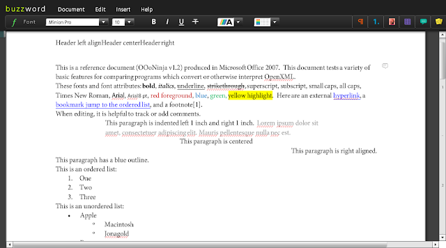 Screenshot of Adobe Buzzword showing the reference document