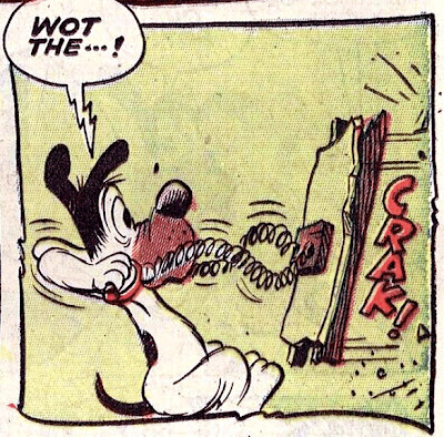 cartoon dog pulls on springs and rips part of the wall away in detail from Funny Films comic book scan