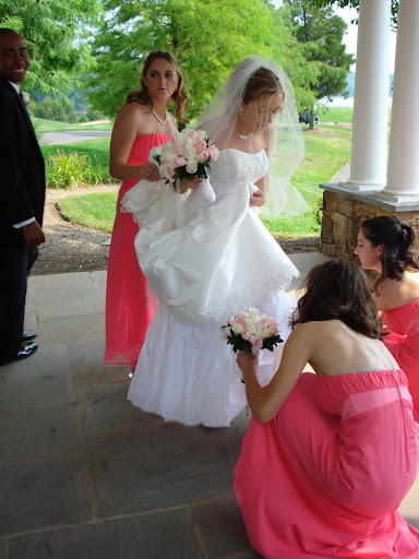 informal-bridal-gown-with-pink-bridesmaid-dress