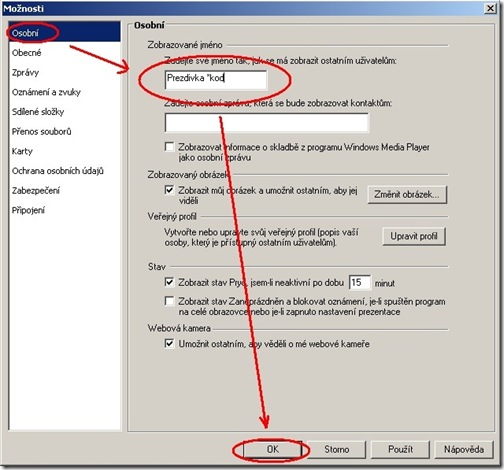 Zadání kódu organizace do programu Windows Live Messenger