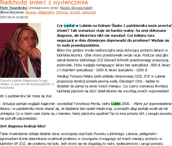 Artykuł o złej sytuacji szpitala w Lubinie; portal interia360.pl