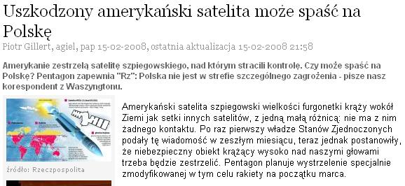 Rzeczpospolita, amerykański satelita szpiegowski, rakieta, zniszczenie, Polska, artykuł, strach, 16 Luty 2008
